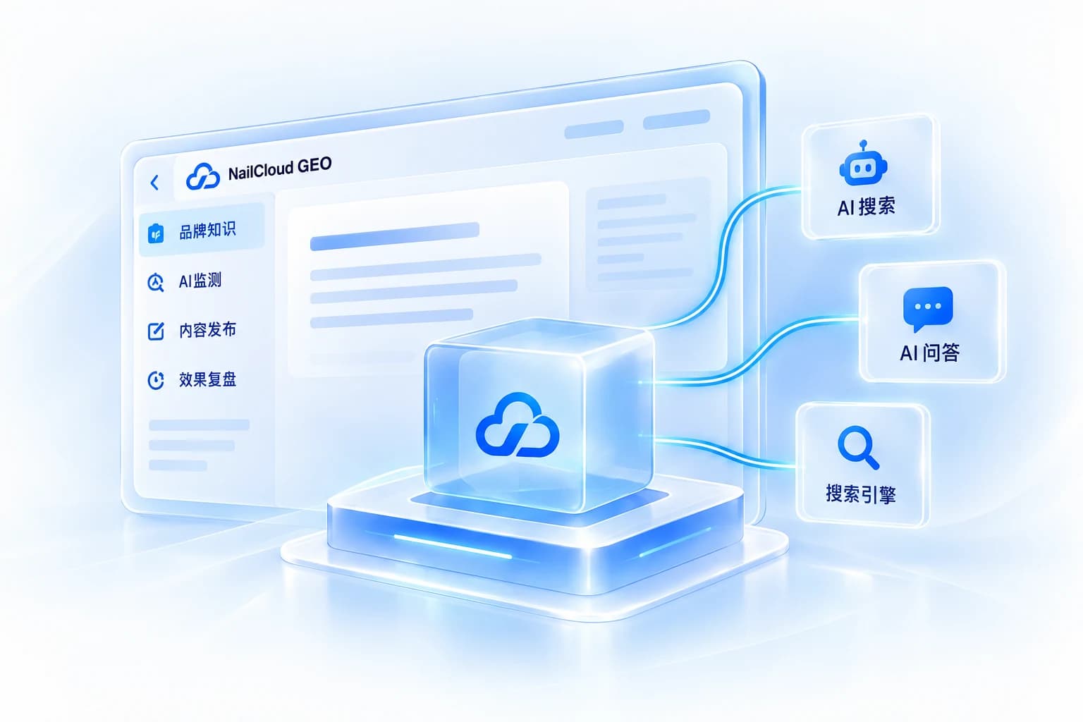 企业知识连接 AI 搜索、AI 问答与搜索引擎的产品概念图